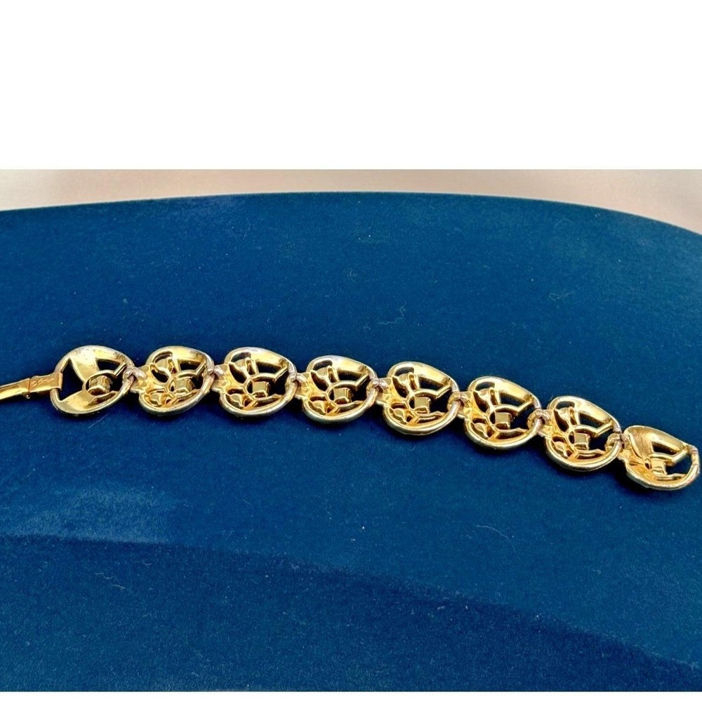 Vintage Signed Coro Script bracelet pastel rhinestones gold tone MCM - Picture 6 of 6